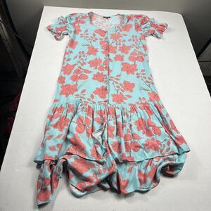 Lobo Rosa Tiered Midi Dress Floral Short Sleeve Button Front Relaxed Fit SMALL